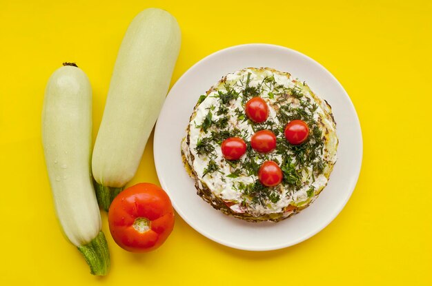 Flat lay vegetable pie made of zucchini and tomatoes close up