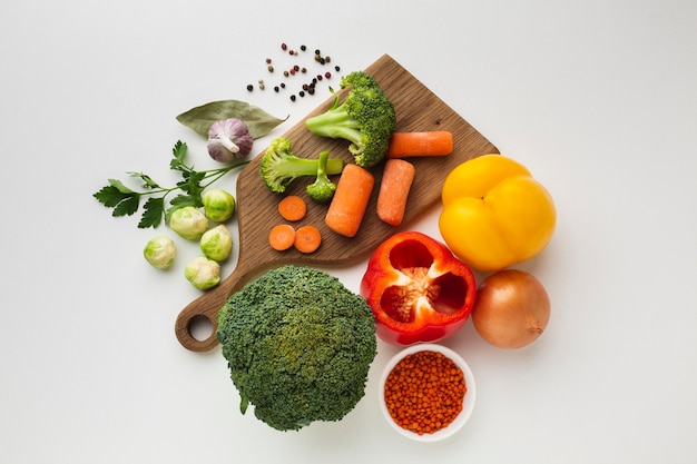 Flat lay vegetables mix on cutting board