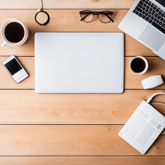 Photo flat lay view of light brown desk with amply copy space for telework or telecommute concept