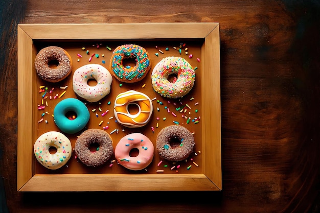 Flat lay view of many Frosted donuts with candy sprinkles arranged in a border frame on wood