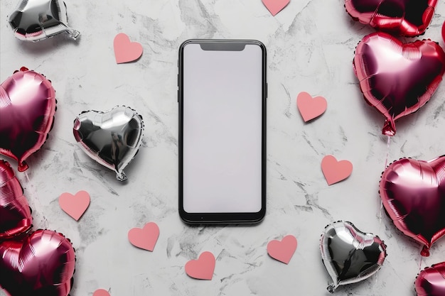 Flat lay view of a mobile phone mockup surrounded by valentine heart shaped balloons