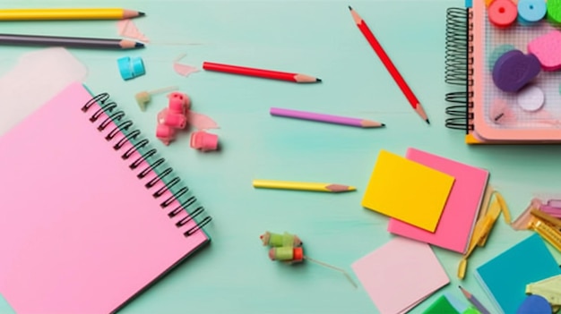 Flat lay view of school supplies like notebook eraser pen notes and more teacher's day or back to school concept ai generative