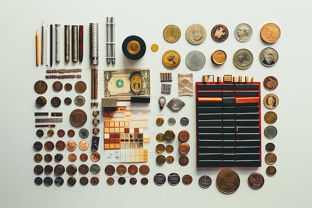 Flat Lay of Vintage Coins Tools and US Dollar Bill