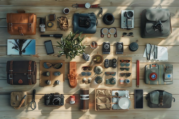 Flat lay of vintage photography equipment and accessories on wooden table