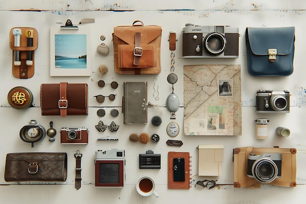 Flat Lay of Vintage Travel Accessories and Cameras on White Wood Background