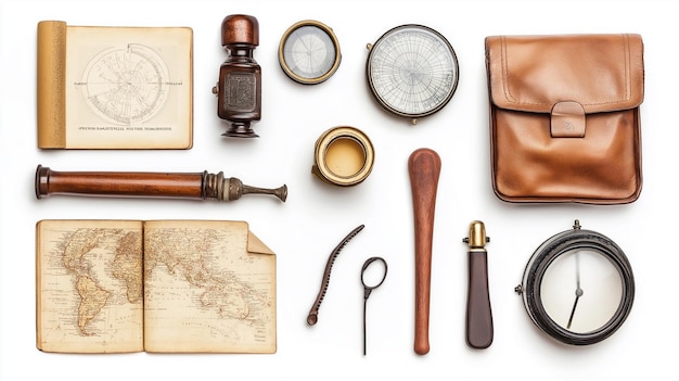 Flat lay of vintage travel essentials including a map compass and leather accessories suggesting adv