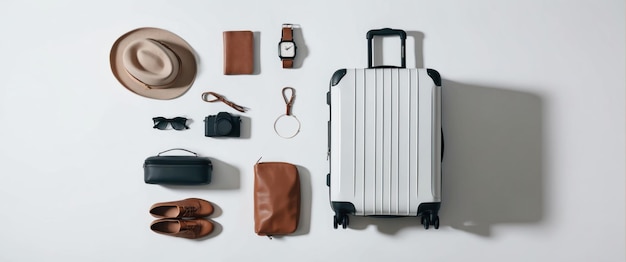 Photo flat lay of a white suitcase with travel accessories perfect for adventure planning