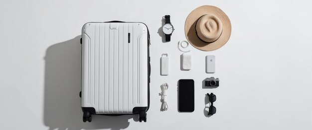 Photo flat lay of a white suitcase with travel accessories perfect for adventure planning