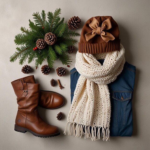 Photo flat lay of winter fashion essentials knitted scarf woolen gloves beanie and leather boots