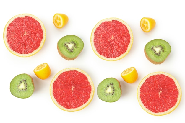 Flat lay with exotic fruits on white background.