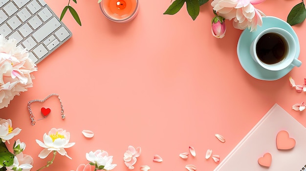 Flat lay with flowers hearts and coffee cup on pastel pink background