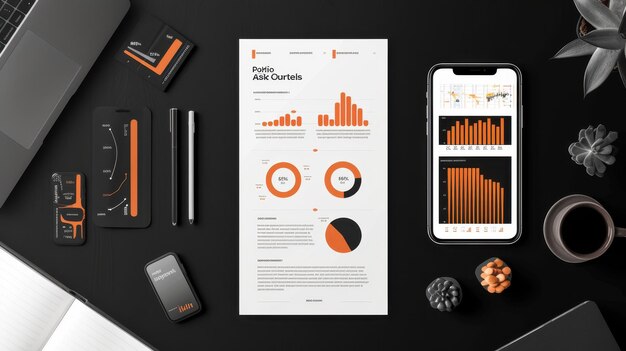 Photo flat lay with laptop smartphone and charts on black background