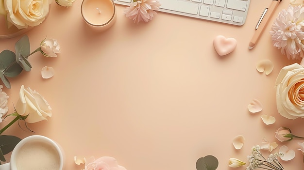 Photo flat lay with roses keyboard and candle