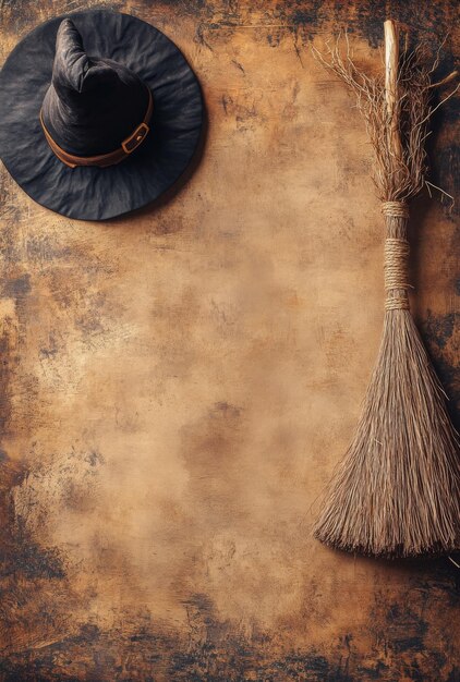 A flat lay with a small witchs hat and broomstick placed in two corners leaving a wide open space in the middle of the background