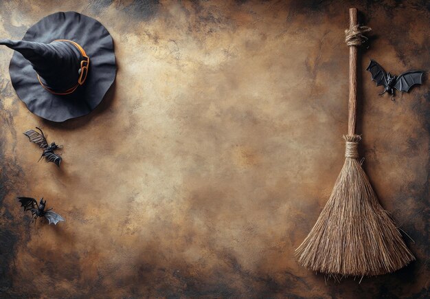 Photo a flat lay with a small witchs hat and broomstick placed in two corners leaving a wide open space in the middle of the background