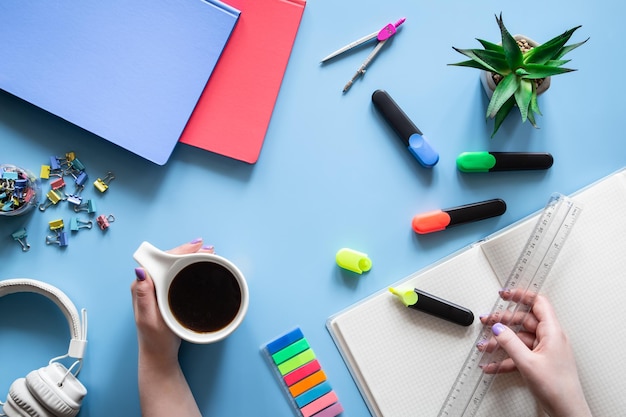 Flat lay with stationery items pupil and student workplace concept