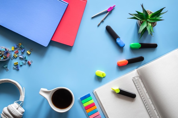 Flat lay with stationery items pupil and student workplace concept