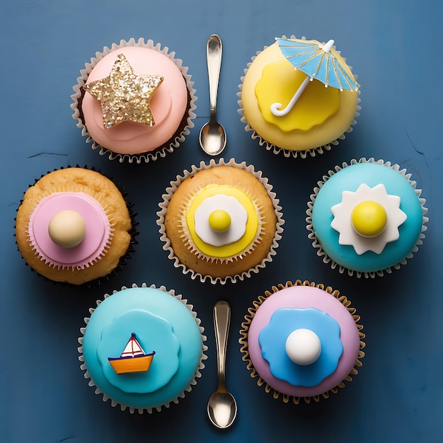 Photo flat lay with various arranged sweet cupcakes isolated on blue