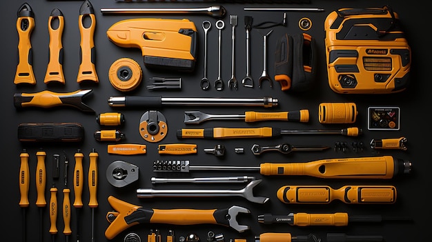 Flat lay with various construction tools on black background top viewgenerative ai