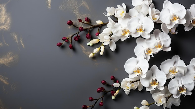 A flat lay with a white orchid bloom on a gray textured backdrop with room for writing GENERATE AI