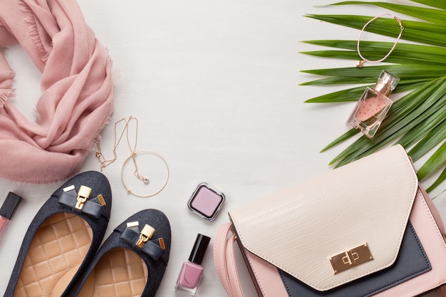 Flat lay with women accessories. Fashion, trends and shopping concept