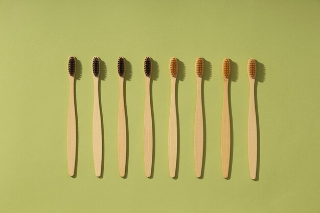 Flat lay wooden brushes composition