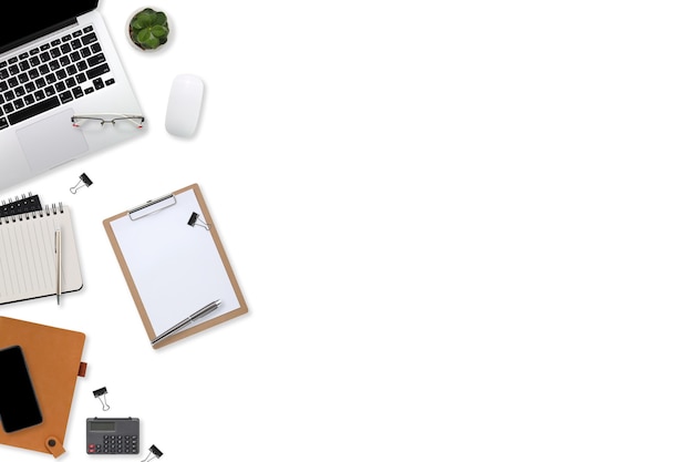 Flat lay workspace table desk with laptop computer, office supplies, coffee cup, tablet and mobile smartphone on white background