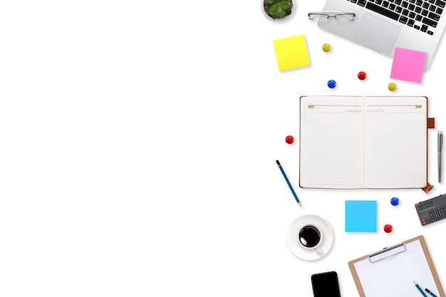 Flat lay workspace table desk with laptop computer, office supplies, coffee cup, tablet and mobile smartphone on white background