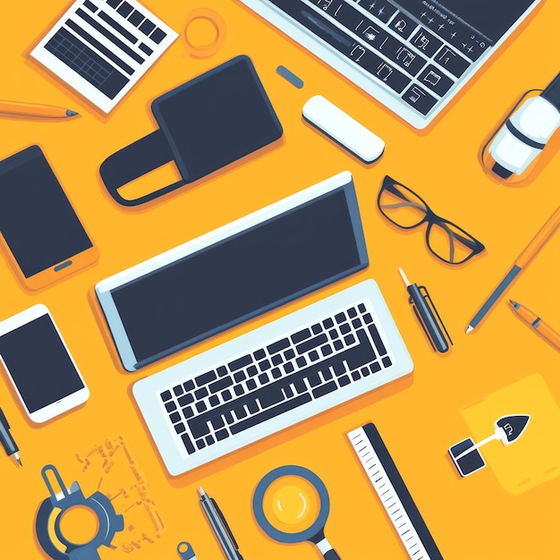 Flat lay of a workspace with a laptop smartphones pens and other office supplies on a yellow background