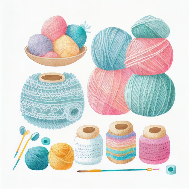 Flat lay yarn and accessories for craft knitting and crochet Created with Generative AI technology