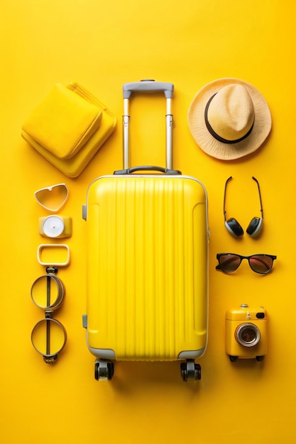 Photo flat lay yellow suitcase with traveler accessories on yellow background travel concept