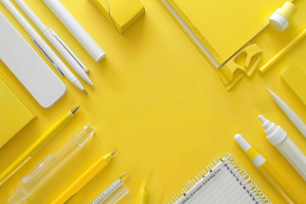 Photo a flat lay of yellow and white office supplies on a yellow background