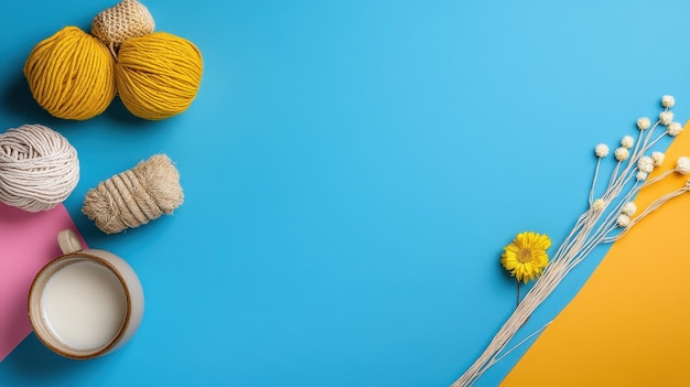 Photo flat lay of yellow and white yarn dried flowers and a cup of milk on a blue and yellow background