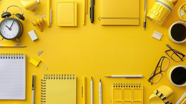 Flat Lay of YellowThemed Office Supplies and Morning Coffee with Clock on Yellow Background