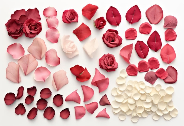 flat layer of rose petals of various plants lies on a white surface