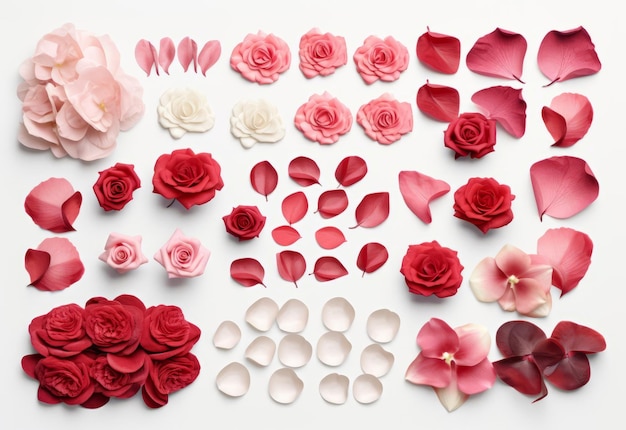 flat layer of rose petals of various plants lies on a white surface