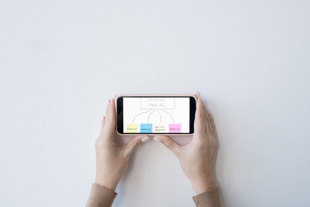 Flat layout of hands of businesswoman holding smartphone with decision making flow chart over desk