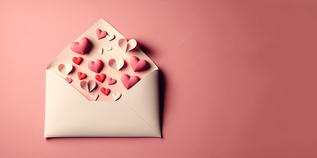 Flat layout of a love letter envelope with papercraft hearts on a pink backdrop for an anniversary or Valentine's Day Generative Ai