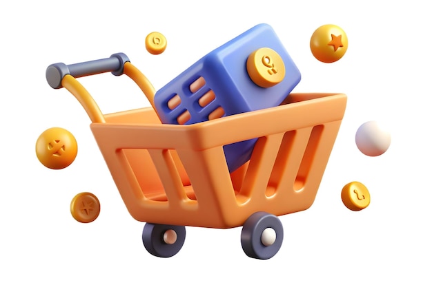 Flat Levitating Shopping Cart with Discount Icons Isolated Vector Illustration for Retail Promotio