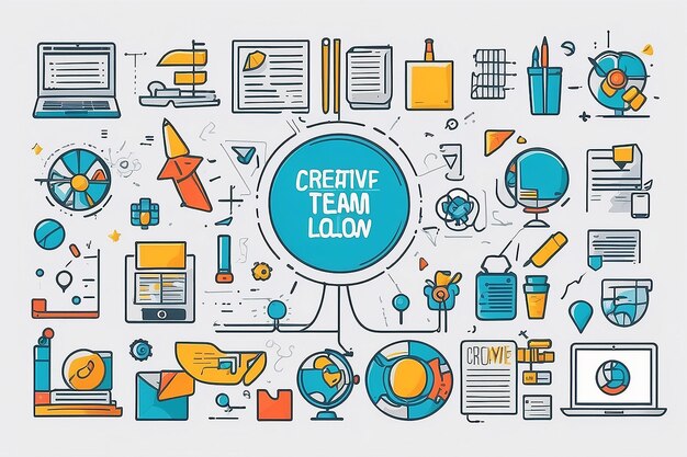 Photo flat line design graphic image concept website elements layout of creative team icons collection of creative work flow items and elements vector illustration