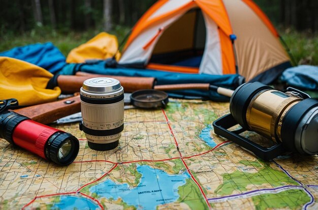 Photo flat map with camping elements