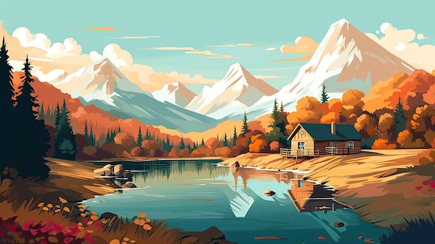 flat minimal vector landscape lake with mountains autumn colour small cabin with beautiful sunset