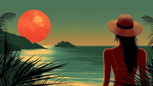 A flat modern graphics background of a girl wearing a hat walking by the sea surrounded by mountains sand sun and sunset a pastel palette with one girl in a hat