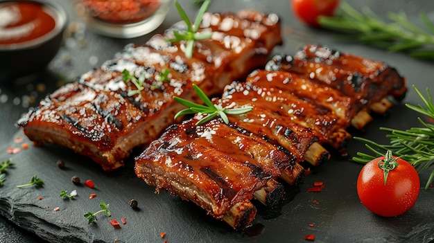 A flat modern illustration of barbecue ribs Grilled pork meat with bones An American meal served with vegetables on a plate Barbecue dinner with vegetables