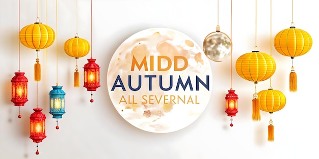 Photo flat moon and lanterns with mid autumn festival text concept as a vector illustration combining the