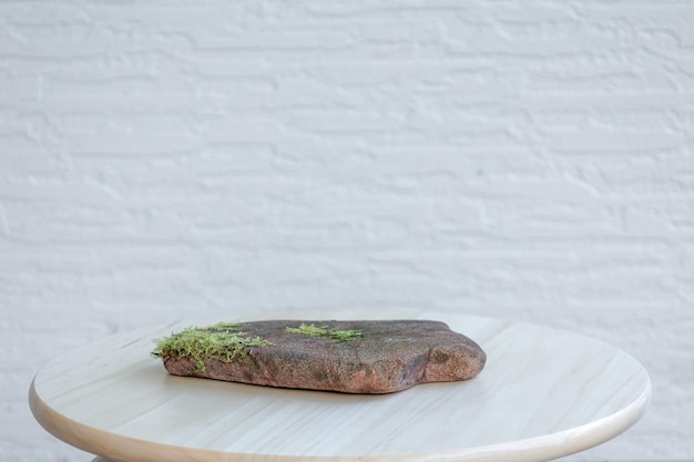 Flat natural stone with sprouted moss on white