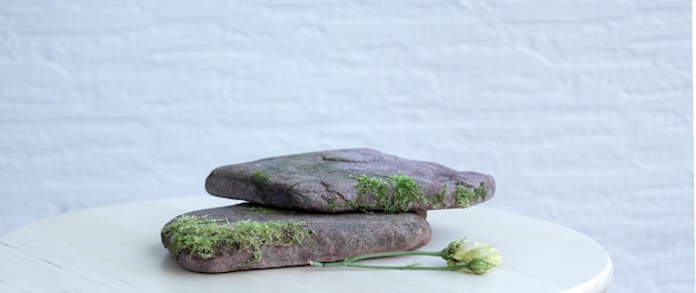 Flat natural stones with sprouted moss on white