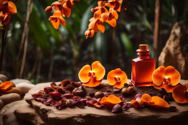 Flat orange rock cosmetic podium background with dried orchid in the tropical forest beautiful materials