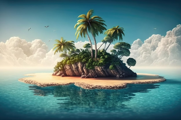 Flat palm tree covered tropical island in the middle of the ocean in the summer Seaside sands