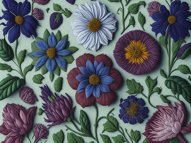 flat pressed flower pattern featuring a seamless design that can be tiled to create larger surfaces